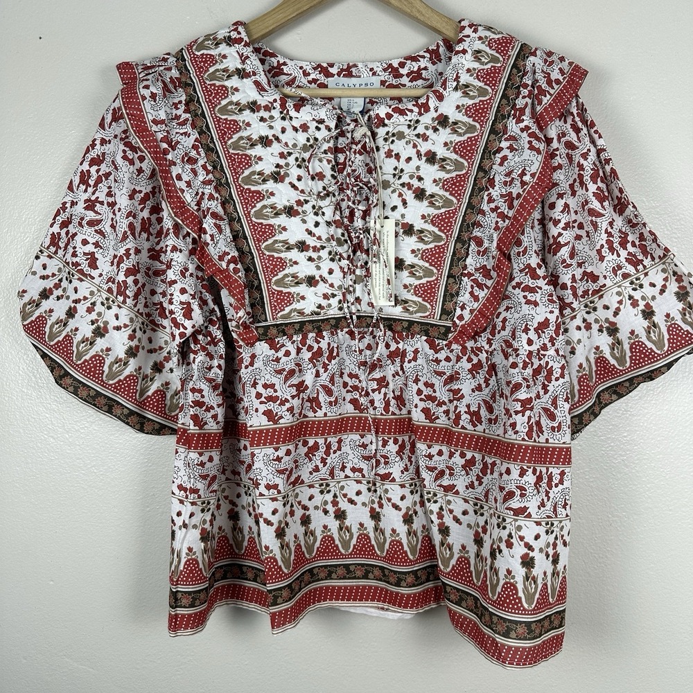 Calypso St. Barth Women's L Red Quilted Boho Peasant Short Sleeve Blouse NEW